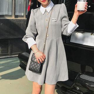 Puff-shoulder Herringbone A-line Shirtdress