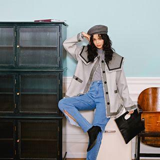 Fringed Trim Wide Collar Buttoned Jacket