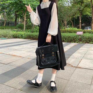 Balloon-sleeve Dotted Blouse / Midi Pinafore Dress