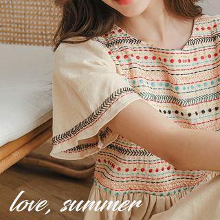 Bell-sleeve Embroidered Long Dress