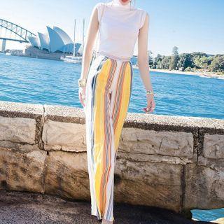 Set: Mock-neck Tank Top + Striped Wide-leg Pants