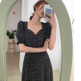 Puff-sleeve Polka Dot Dress Black - One Size