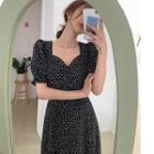 Puff-sleeve Polka Dot Dress Black - One Size