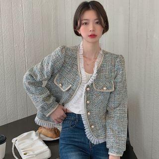 Long-sleeve Mesh Trim Tweed Jacket Blue - One Size