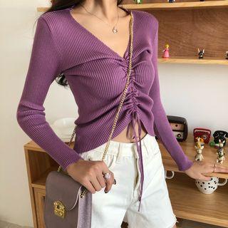 Drawstring Long-sleeve Plain Knit Top