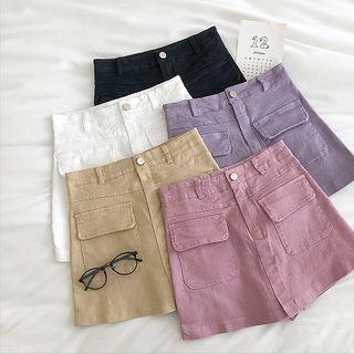 Plain Double-pocket High-waist Denim Skort