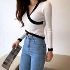 Piped Cropped Wrap Knit Top