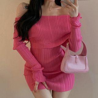 Off-shoulder Long-sleeve Plain Slim-fit Dress As Show In Figure - One Size