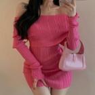 Off-shoulder Long-sleeve Plain Slim-fit Dress As Show In Figure - One Size