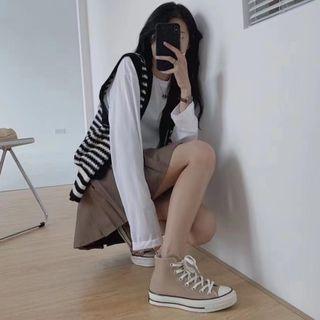 Long-sleeve Plain T-shirt / Striped Sweater Vest / Pleated Skirt / Set