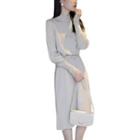 Lantern-sleeve Mock-neck Knit Midi Sheath Dress