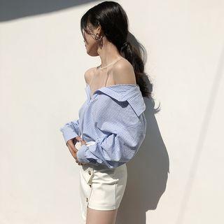 Long-sleeve Cold-shoulder Striped Shirt As Shown In Figure - One Size