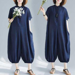 Short-sleeve Crop Jumpsuit Dark Blue - One Size
