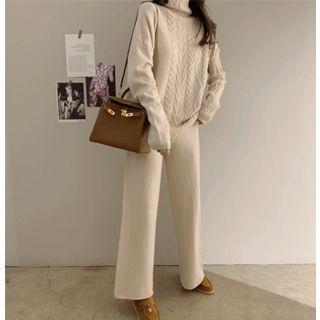 Set: Turtle-neck Cable-knit Top + Band-waist Wide-leg Pants