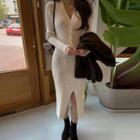 Long-sleeve V-neck Knit Midi Dress White - One Size