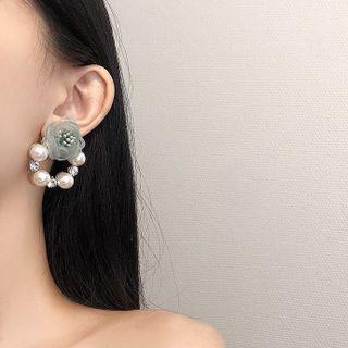 Flower Mesh Faux Pearl Dangle Earring 1 Pair - White Faux Pearl - Green - One Size