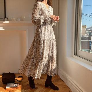 V-neck Floral Print Chiffon Tiered Dress Ivory - One Size