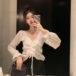 Shirred V-neck Long-sleeve Top