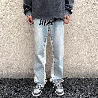 Letter Embroidered Two-tone Loose Fit Jeans