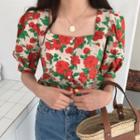 Flower Print Puff-sleeve Square Neck Blouse