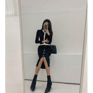 Knit Set: Faux-pearl Cardigan + Slit Midi Pencil Skirt
