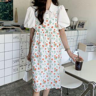 Short-sleeve Shirt / Spaghetti Strap Floral Print Dress