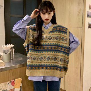 V-neck Pattern Sweater Vest 8603 - Vest - One Size