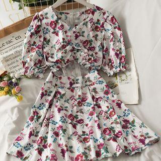 Cutout-waist Mock Two-piece Printed Midi Dress