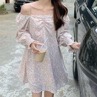 Off-shoulder Floral Print A-line Dress Pink & White - One Size