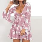 Long-sleeve Tied Floral Dress