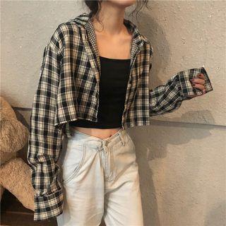 Checked Cropped Shirt Shirt - Plaid - Black & White - One Size