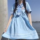 Short-sleeve Sailor Collar Midi A-line Dress Blue - One Size