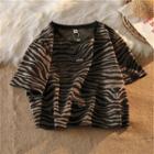 Short-sleeve Zebra Print Cropped Top As Figure - One Size
