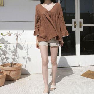 V-neck Frill-sleeve A-line Top