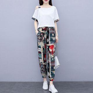 Set: Elbow-sleeve Cold Shoulder Print Trim T-shirt + Print Harem Pants