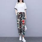 Set: Elbow-sleeve Cold Shoulder Print Trim T-shirt + Print Harem Pants