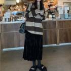 Round-neck Striped Knit Top / High-waist Ruched Midi Skirt