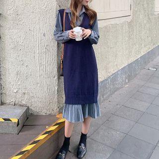 Pleated Hem Midi Shirtdress / V-neck Sweater Vest