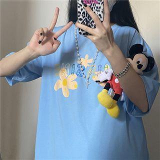 Elbow-sleeve Flower Print T-shirt Sky Blue - One Size