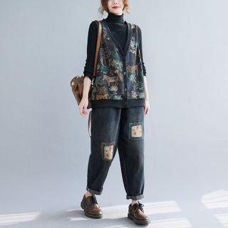 Print Single-breasted Vest Dark Blue & Black & Green - One Size
