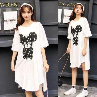 Bear Print Elbow Sleeve T-shirt Dress