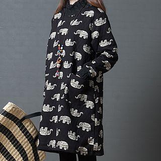 Puff-sleeve Mock-neck Elephant Print A-line Dress