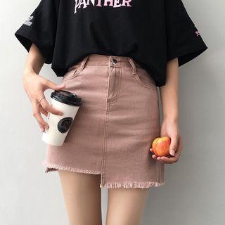 Tie-waist Fringed Sheath Plain Denim Skirt