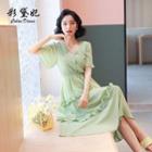 Short-sleeve V-neck Ruffle Trim Midi A-line Dress