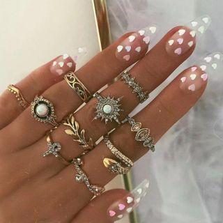 Set Of 10: Retro Rhinestone Alloy Ring (assorted Designs) Gold - One Size