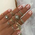 Set Of 10: Retro Rhinestone Alloy Ring (assorted Designs) Gold - One Size