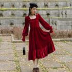 Lantern-sleeve A-line Midi Velvet Dress