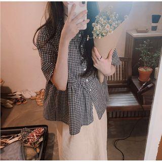 Plaid Short-sleeve Blouse / Plain Midi Skirt