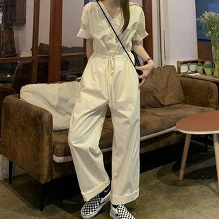 Elbow-sleeve Wide-leg Jumpsuit Almond - One Size