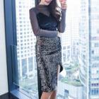 Set: Long-sleeve Top + Sequined Fitted Skirt